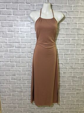 Ardene Sleeveless Halter Maxi Dress in Mauve Brown- open back, large